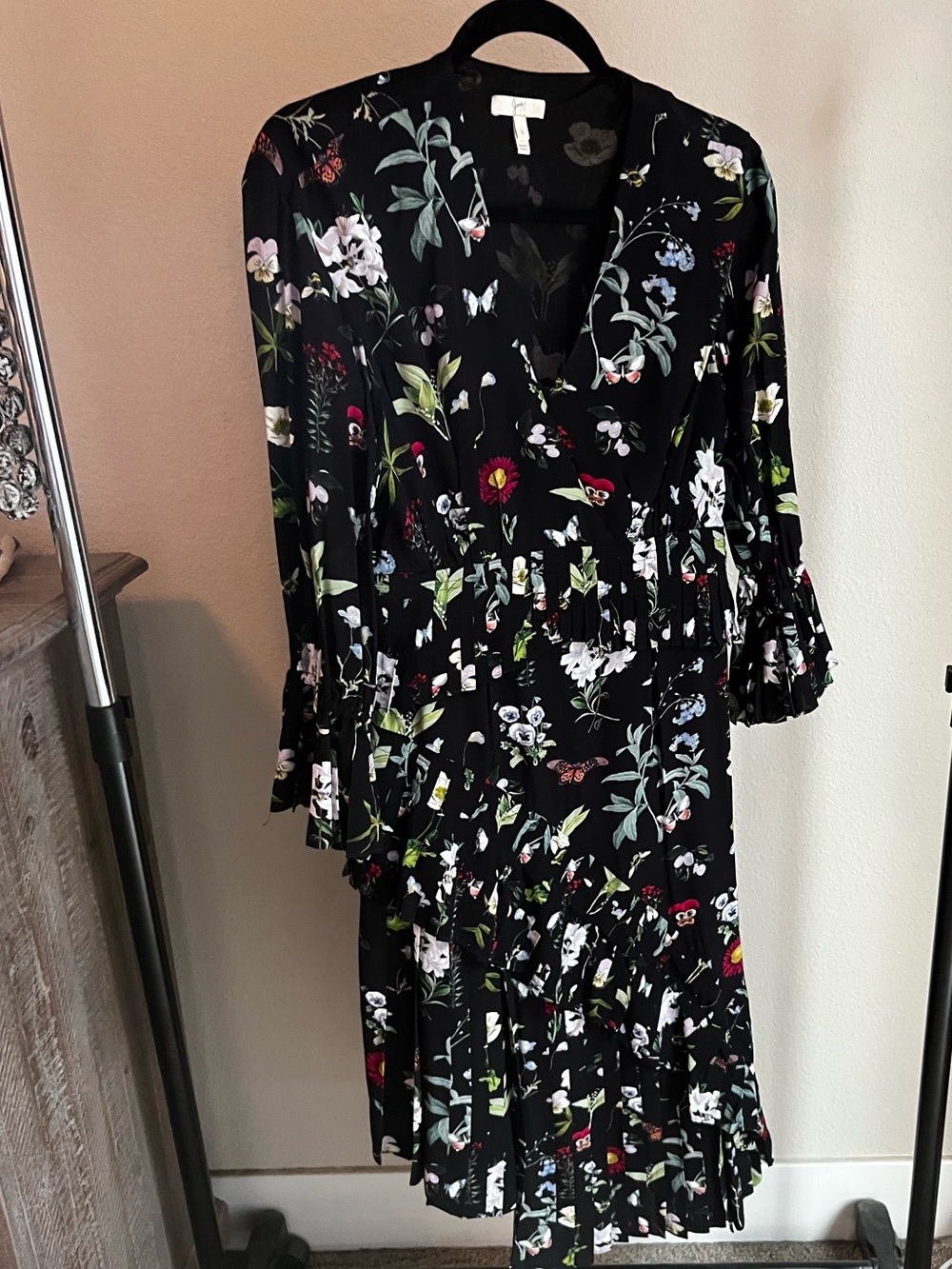 Joie Black Floral Tiered Midi Dress